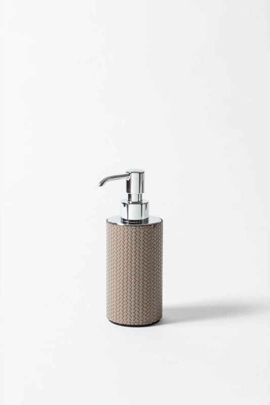 Pinetti | Poseidon Leather-Covered Soap Dispenser: Leather soap dispenser in square and round formats, chrome or shiny gold | Bathroom | 2Jour Concierge, your luxury lifestyle shop | luxury soap dispenser, leather bathroom accessory, Pinetti bathroom set, Poseidon collection, Italian luxury bathroom, designer soap dispenser, chrome gold bathroom accessories, premium vanity accessory