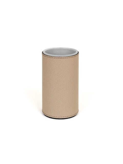 Pinetti | Poseidon Leather-Covered Toothbrush Holder: Leather toothbrush holder in square and round formats | Bathroom | 2Jour Concierge, your luxury lifestyle shop | luxury toothbrush holder, leather bathroom accessory, Pinetti bathroom set, Poseidon collection, Italian luxury bathroom, designer toothbrush cup, premium vanity accessory