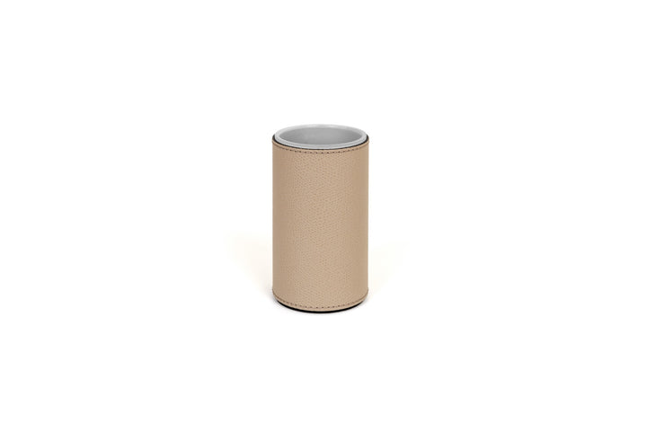 Pinetti | Poseidon Leather-Covered Toothbrush Holder: Leather toothbrush holder in square and round formats | Bathroom | 2Jour Concierge, your luxury lifestyle shop | luxury toothbrush holder, leather bathroom accessory, Pinetti bathroom set, Poseidon collection, Italian luxury bathroom, designer toothbrush cup, premium vanity accessory