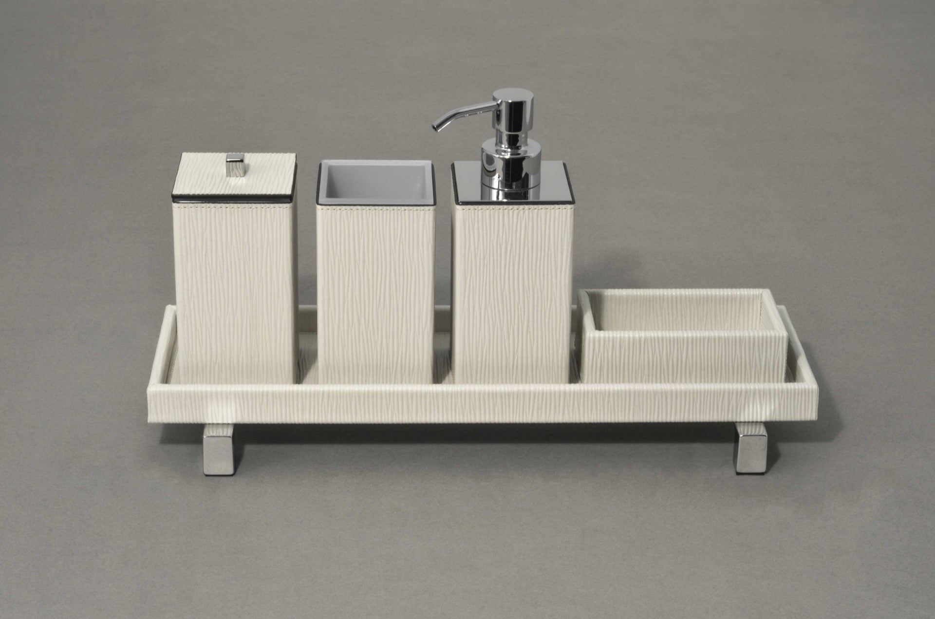 Pinetti | Rialto Leather-Covered Wood Bathroom Tray: Wood bathroom tray covered in leather, medium and small, part of Poseidon set | Bathroom | 2Jour Concierge, your luxury lifestyle shop | luxury bathroom tray, leather vanity tray, Pinetti Rialto Poseidon, Italian luxury bathroom accessories, designer bathroom tray, wood leather bathroom organiser, satin gold bathroom tray