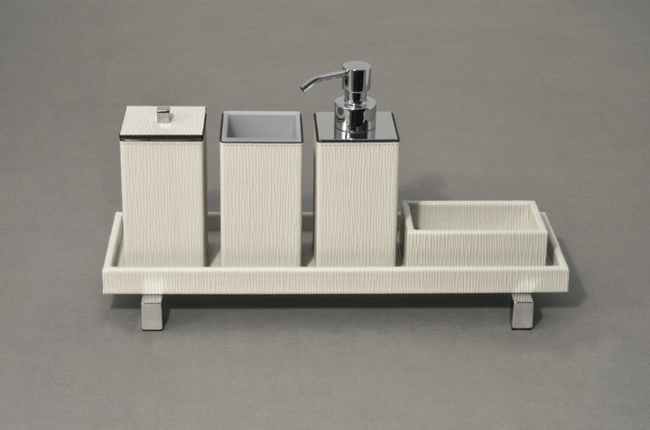 Pinetti | Rialto Leather-Covered Wood Bathroom Tray: Wood bathroom tray covered in leather, medium and small, part of Poseidon set | Bathroom | 2Jour Concierge, your luxury lifestyle shop | luxury bathroom tray, leather vanity tray, Pinetti Rialto Poseidon, Italian luxury bathroom accessories, designer bathroom tray, wood leather bathroom organiser, satin gold bathroom tray