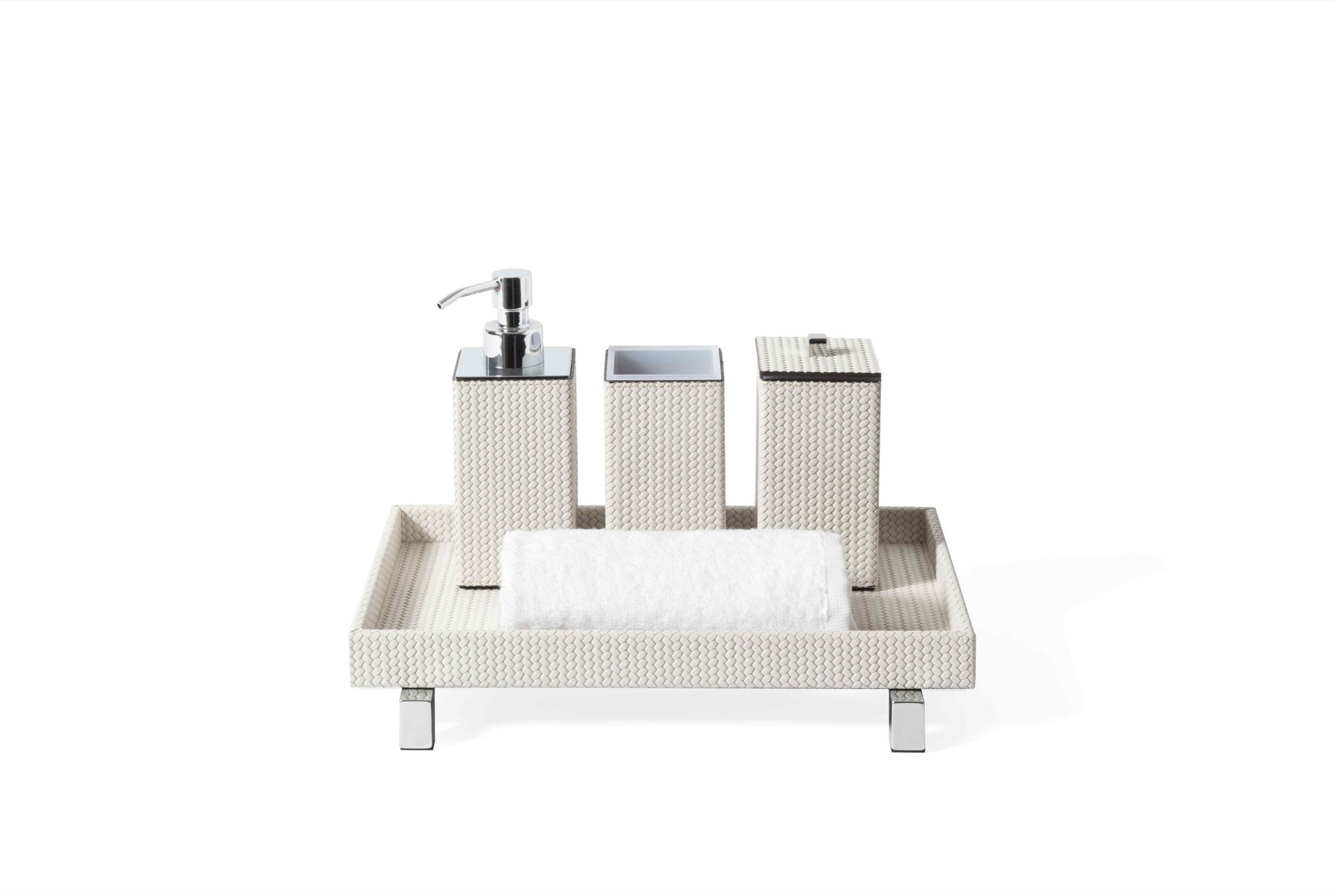 Pinetti | Poseidon Leather-Covered Soap Dispenser: Leather soap dispenser in square and round formats, chrome or shiny gold | Bathroom | 2Jour Concierge, your luxury lifestyle shop | luxury soap dispenser, leather bathroom accessory, Pinetti bathroom set, Poseidon collection, Italian luxury bathroom, designer soap dispenser, chrome gold bathroom accessories, premium vanity accessory