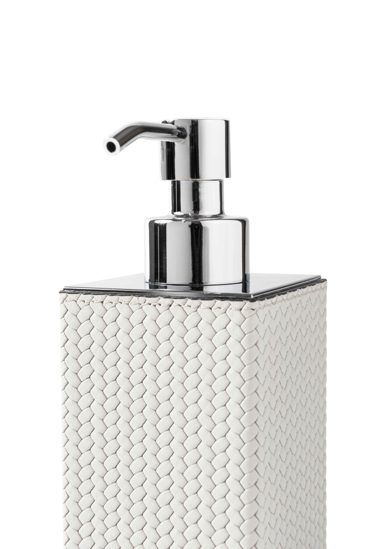 Pinetti | Poseidon Leather-Covered Soap Dispenser: Leather soap dispenser in square and round formats, chrome or shiny gold | Bathroom | 2Jour Concierge, your luxury lifestyle shop | luxury soap dispenser, leather bathroom accessory, Pinetti bathroom set, Poseidon collection, Italian luxury bathroom, designer soap dispenser, chrome gold bathroom accessories, premium vanity accessory
