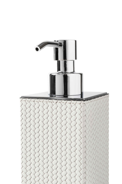 Pinetti | Poseidon Leather-Covered Soap Dispenser: Leather soap dispenser in square and round formats, chrome or shiny gold | Bathroom | 2Jour Concierge, your luxury lifestyle shop | luxury soap dispenser, leather bathroom accessory, Pinetti bathroom set, Poseidon collection, Italian luxury bathroom, designer soap dispenser, chrome gold bathroom accessories, premium vanity accessory