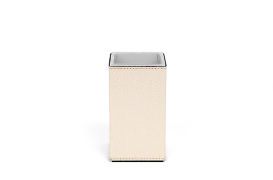 Pinetti | Poseidon Leather-Covered Toothbrush Holder: Leather toothbrush holder in square and round formats | Bathroom | 2Jour Concierge, your luxury lifestyle shop | luxury toothbrush holder, leather bathroom accessory, Pinetti bathroom set, Poseidon collection, Italian luxury bathroom, designer toothbrush cup, premium vanity accessory