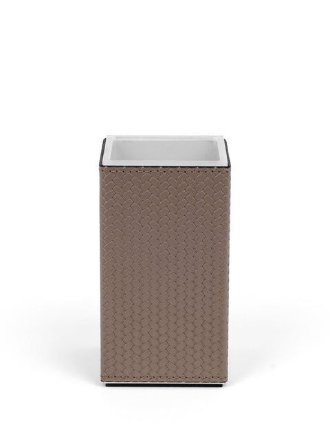 Pinetti | Poseidon Leather-Covered Toothbrush Holder: Leather toothbrush holder in square and round formats | Bathroom | 2Jour Concierge, your luxury lifestyle shop | luxury toothbrush holder, leather bathroom accessory, Pinetti bathroom set, Poseidon collection, Italian luxury bathroom, designer toothbrush cup, premium vanity accessory