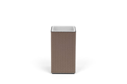 Pinetti | Poseidon Leather-Covered Toothbrush Holder: Leather toothbrush holder in square and round formats | Bathroom | 2Jour Concierge, your luxury lifestyle shop | luxury toothbrush holder, leather bathroom accessory, Pinetti bathroom set, Poseidon collection, Italian luxury bathroom, designer toothbrush cup, premium vanity accessory