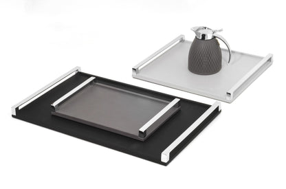 Giove Leather-Covered Wood Tray With Linear Metal Handles