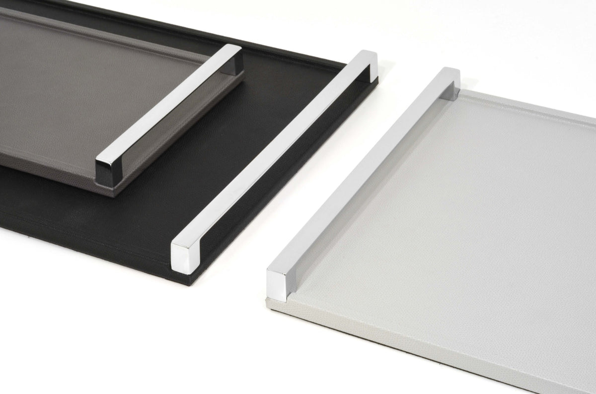 Giove Leather-Covered Wood Tray With Linear Metal Handles