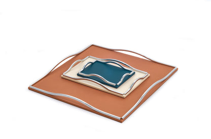 Wave Leather-Covered Wood Tray, Square with Metal Handles