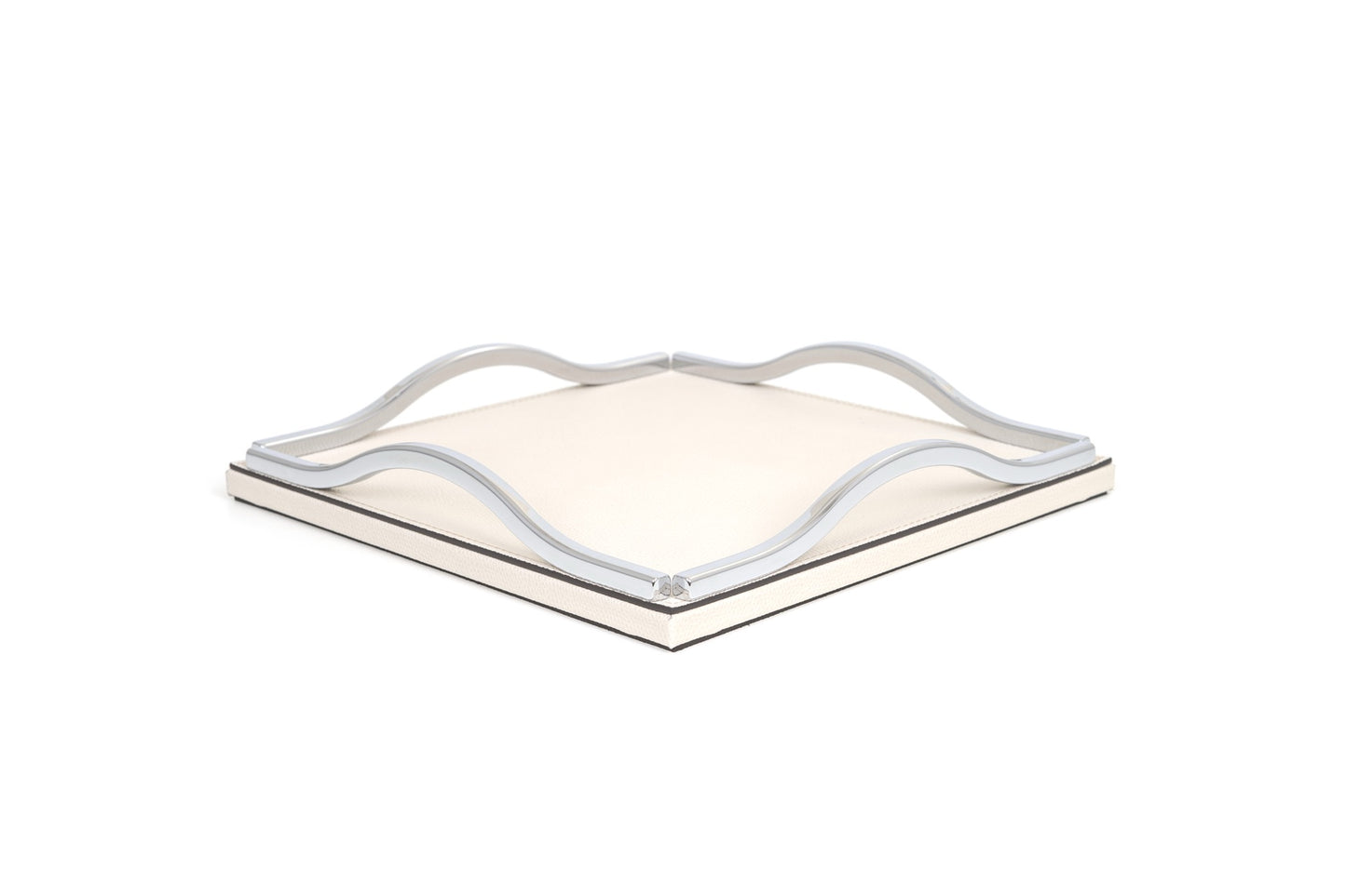Pinetti Wave | Leather & Sculpted Metal Trays: Leather-covered tray with sculpted chrome, burnished, or gold handles, available in square and rectangular formats | Tabletop & Bar / Trays | 2Jour Concierge, your luxury lifestyle shop | luxury interiors, refined dining, elegant serving accessories, boutique hotels, contemporary décor, yacht décor, office décor, hospitality décor