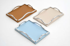 Wave Leather-Covered Wood Tray, Square with Metal Handles