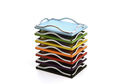 Pinetti Wave | Leather & Sculpted Metal Trays: Leather-covered tray with sculpted chrome, burnished, or gold handles, available in square and rectangular formats | Tabletop & Bar / Trays | 2Jour Concierge, your luxury lifestyle shop | luxury interiors, refined dining, elegant serving accessories, boutique hotels, contemporary décor, yacht décor, office décor, hospitality décor