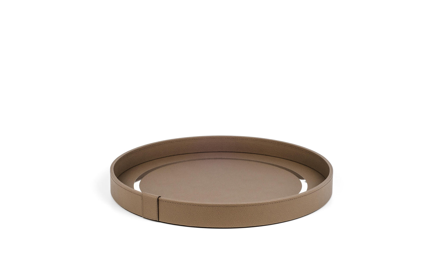 Venere Round Leather-Covered Wood Tray With Inner Chromed Frame