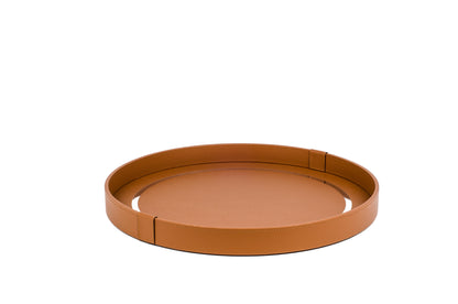 Venere Round Leather-Covered Wood Tray With Inner Chromed Frame