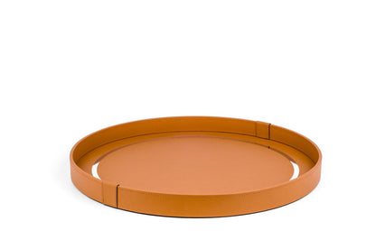 Pinetti Venere Round Leather-Covered Wood Tray With Inner Chromed Frame | Tray with wood base covered in leather | Features a non-slip base and inner chromed frame | Explore Luxury Lifestyle Accessories at 2Jour Concierge, #1 luxury high-end gift & lifestyle shop