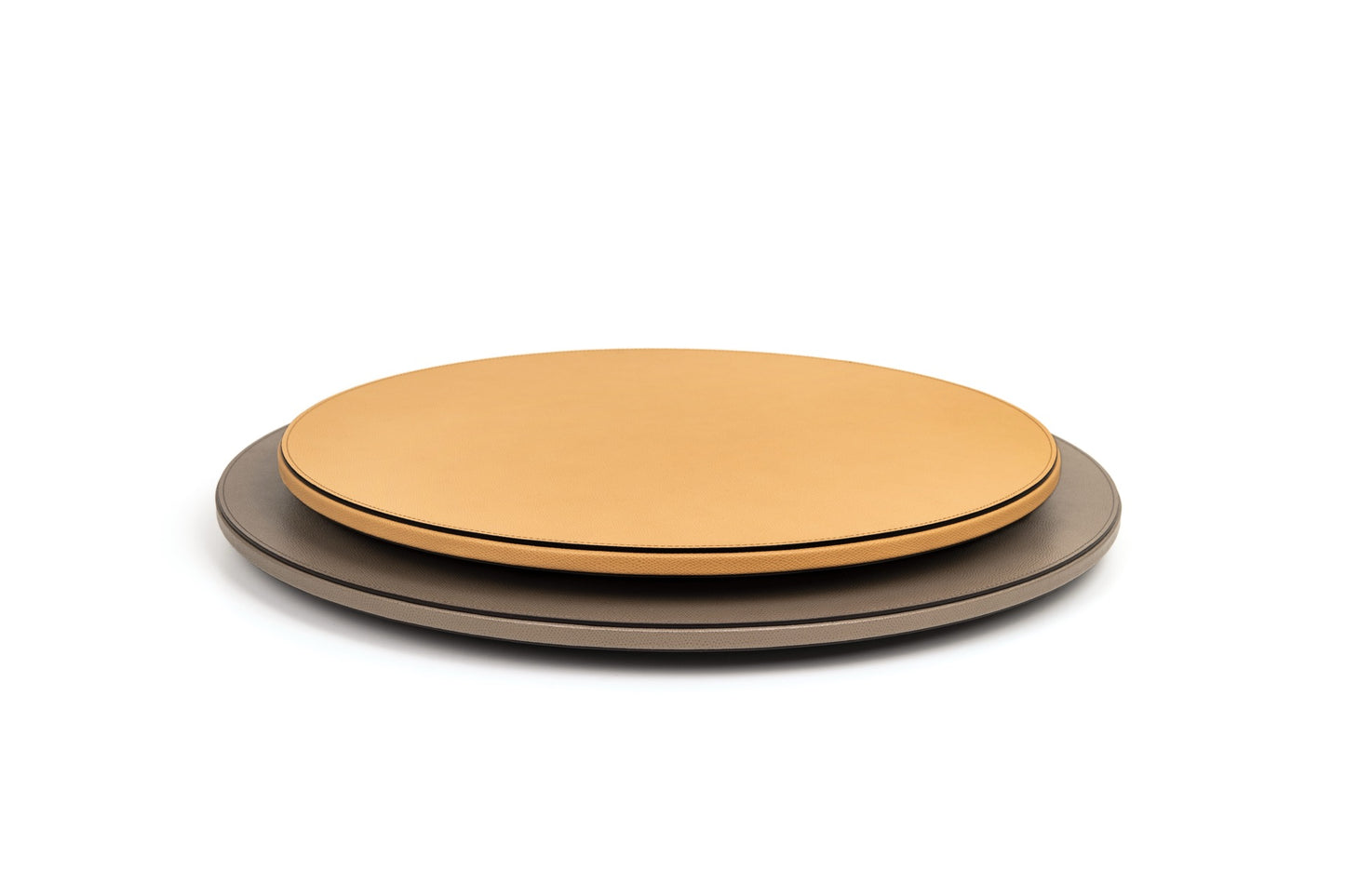 Pinetti Lazy Susan | Leather Revolving Tray: Leather-covered rotating tray with non-slip base, available in multiple diameters for refined serving and tabletop styling | Tabletop & Bar / Trays | 2Jour Concierge, your luxury lifestyle shop | luxury interiors, refined dining, elegant serving accessories, boutique hotels, yacht décor, contemporary entertaining, hospitality décor, office décor