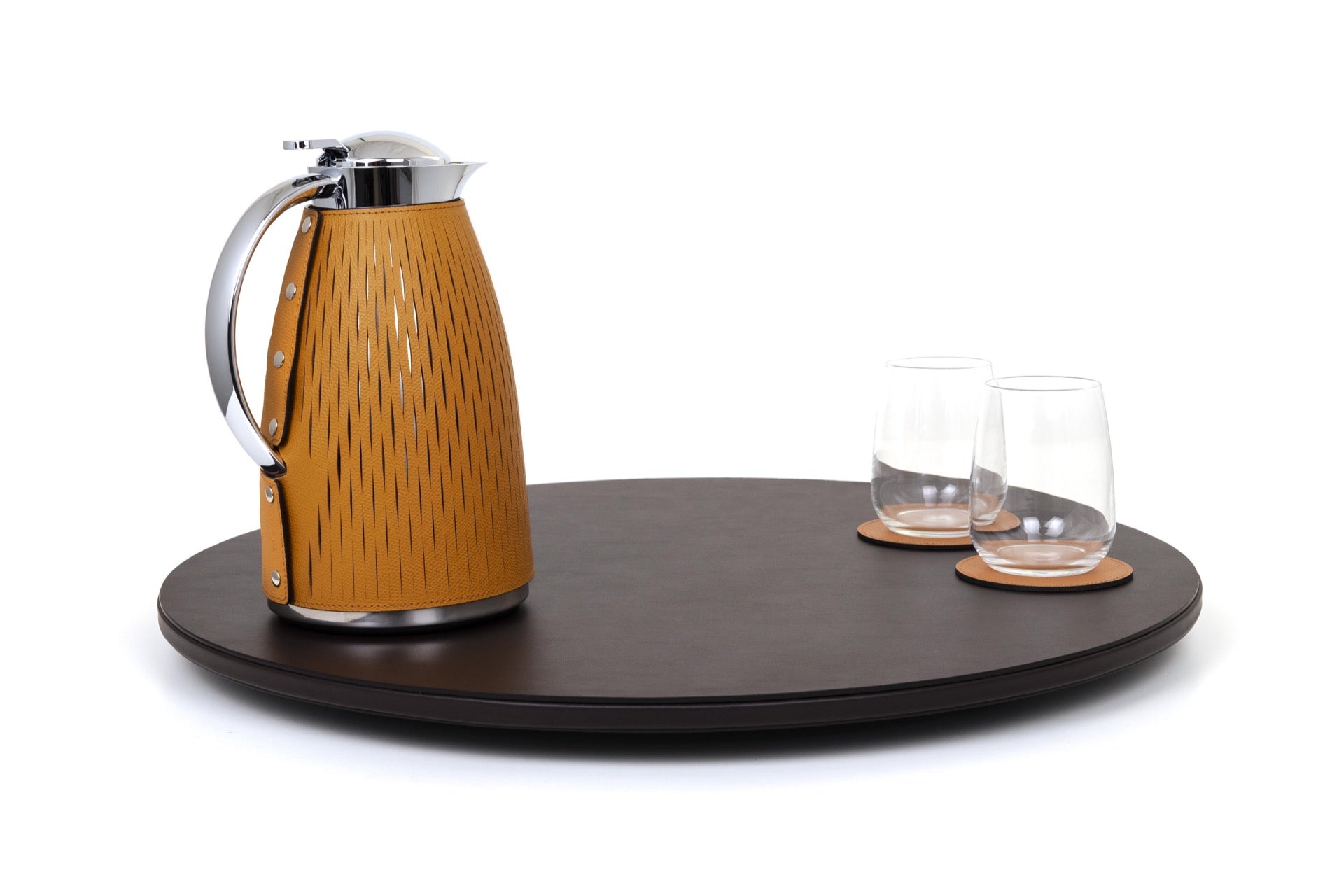 Pinetti Lazy Susan | Leather Revolving Tray: Leather-covered rotating tray with non-slip base, available in multiple diameters for refined serving and tabletop styling | Tabletop & Bar / Trays | 2Jour Concierge, your luxury lifestyle shop | luxury interiors, refined dining, elegant serving accessories, boutique hotels, yacht décor, contemporary entertaining, hospitality décor, office décor