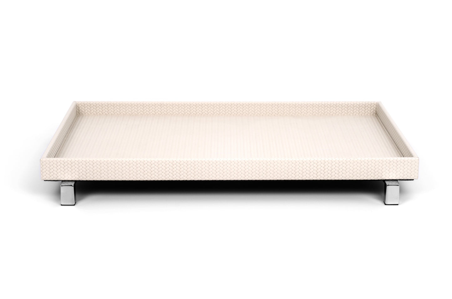 Pinetti | Rialto Leather Tray: Wood base covered in leather with metal feet in chrome, satin, or burnished finish, round and rectangular forms | Tabletop | 2Jour Concierge, your luxury lifestyle shop | luxury tray, Pinetti Rialto, leather tray with feet, raised leather tray, Italian luxury tabletop, designer serving tray, wood leather tray