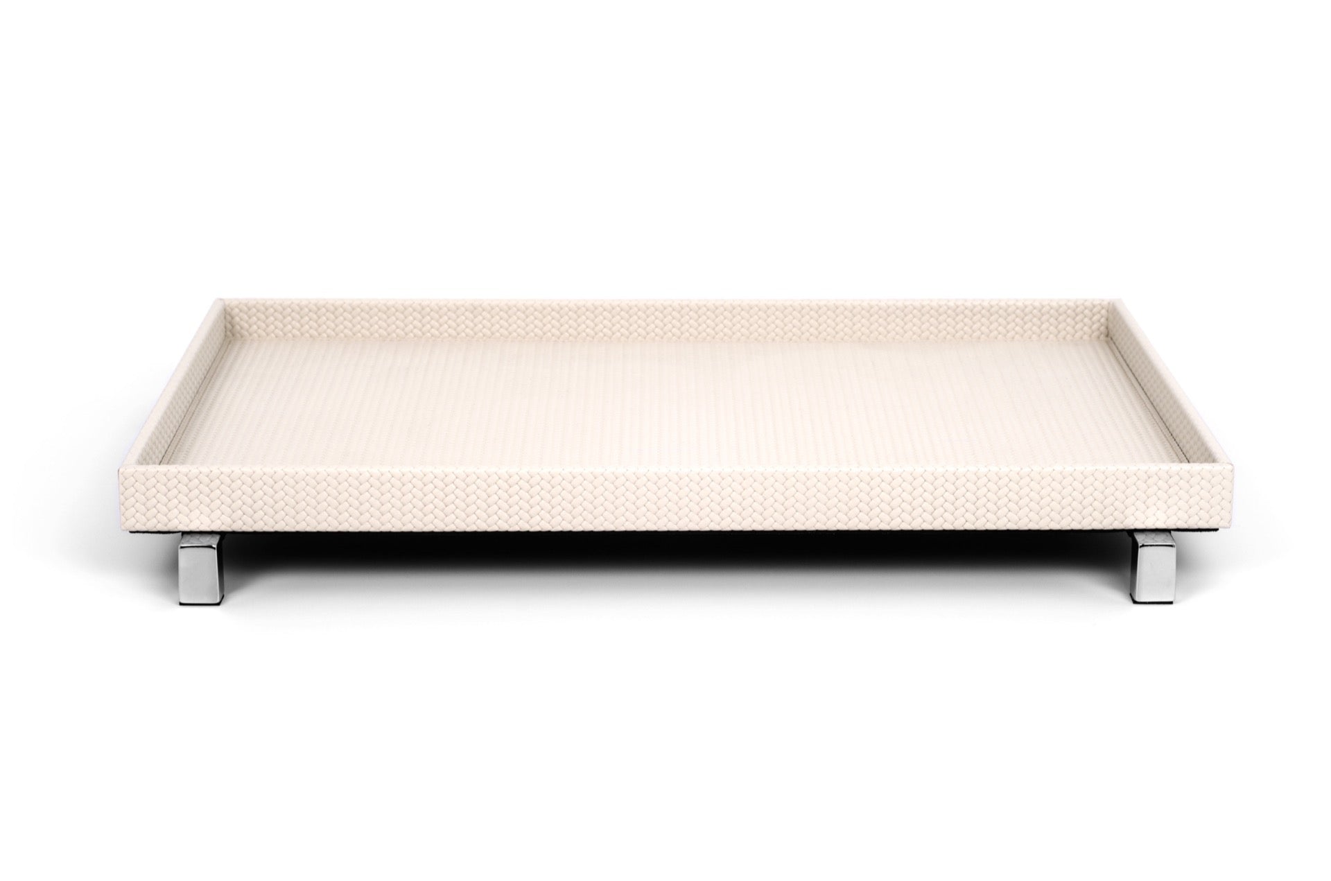 Pinetti | Rialto Leather Tray: Wood base covered in leather with metal feet in chrome, satin, or burnished finish, round and rectangular forms | Tabletop | 2Jour Concierge, your luxury lifestyle shop | luxury tray, Pinetti Rialto, leather tray with feet, raised leather tray, Italian luxury tabletop, designer serving tray, wood leather tray