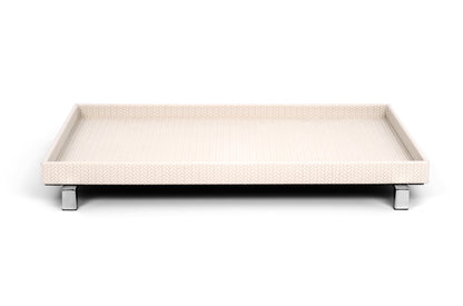 Pinetti | Rialto Leather Tray: Wood base covered in leather with metal feet in chrome, satin, or burnished finish, round and rectangular forms | Tabletop | 2Jour Concierge, your luxury lifestyle shop | luxury tray, Pinetti Rialto, leather tray with feet, raised leather tray, Italian luxury tabletop, designer serving tray, wood leather tray