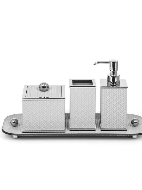 Olimpia Leather Covered Bathroom Set by Pinetti | Made in brass with shiny gold, burnished, or chromed finish | Consists of items available separately: soap dispenser, toothbrush holder, small box, large box | Home Decor Bathroom Accessories | 2Jour Concierge, your luxury lifestyle shop