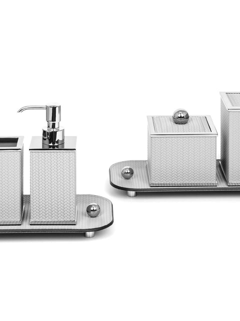 Olimpia Leather Covered Bathroom Set by Pinetti | Made in brass with shiny gold, burnished, or chromed finish | Consists of items available separately: soap dispenser, toothbrush holder, small box, large box | Home Decor Bathroom Accessories | 2Jour Concierge, your luxury lifestyle shop