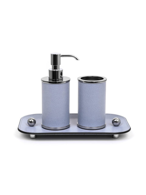 Olimpia Leather Covered Bathroom Set by Pinetti | Made in brass with shiny gold, burnished, or chromed finish | Consists of items available separately: soap dispenser, toothbrush holder, small box, large box | Home Decor Bathroom Accessories | 2Jour Concierge, your luxury lifestyle shop