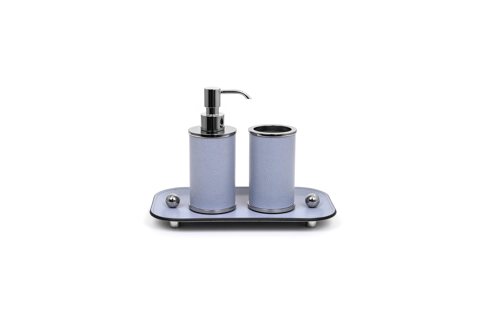 Olimpia Leather Covered Bathroom Set by Pinetti | Made in brass with shiny gold, burnished, or chromed finish | Consists of items available separately: soap dispenser, toothbrush holder, small box, large box | Home Decor Bathroom Accessories | 2Jour Concierge, your luxury lifestyle shop