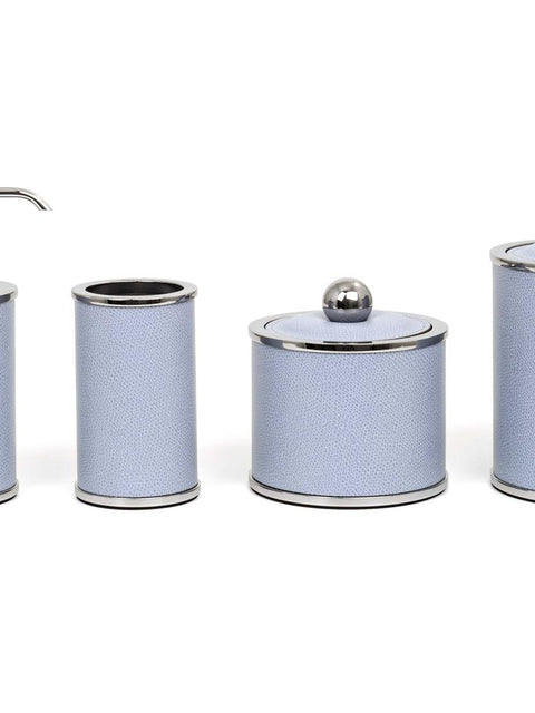 Olimpia Leather Covered Bathroom Set by Pinetti | Made in brass with shiny gold, burnished, or chromed finish | Consists of items available separately: soap dispenser, toothbrush holder, small box, large box | Home Decor Bathroom Accessories | 2Jour Concierge, your luxury lifestyle shop