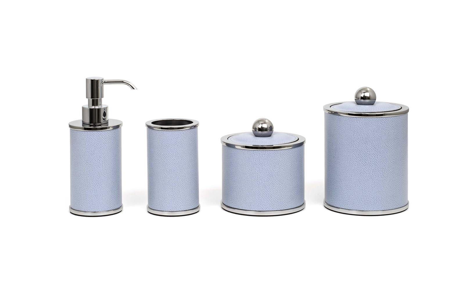 Olimpia Leather Covered Bathroom Set by Pinetti | Made in brass with shiny gold, burnished, or chromed finish | Consists of items available separately: soap dispenser, toothbrush holder, small box, large box | Home Decor Bathroom Accessories | 2Jour Concierge, your luxury lifestyle shop