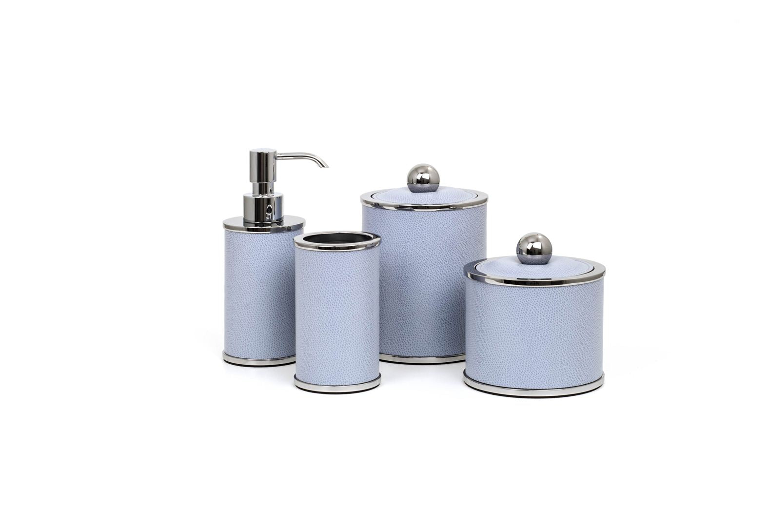 Olimpia Leather Covered Bathroom Set by Pinetti | Made in brass with shiny gold, burnished, or chromed finish | Consists of items available separately: soap dispenser, toothbrush holder, small box, large box | Home Decor Bathroom Accessories | 2Jour Concierge, your luxury lifestyle shop