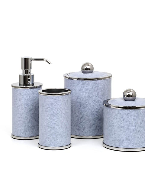 Olimpia Leather Covered Bathroom Set by Pinetti | Made in brass with shiny gold, burnished, or chromed finish | Consists of items available separately: soap dispenser, toothbrush holder, small box, large box | Home Decor Bathroom Accessories | 2Jour Concierge, your luxury lifestyle shop