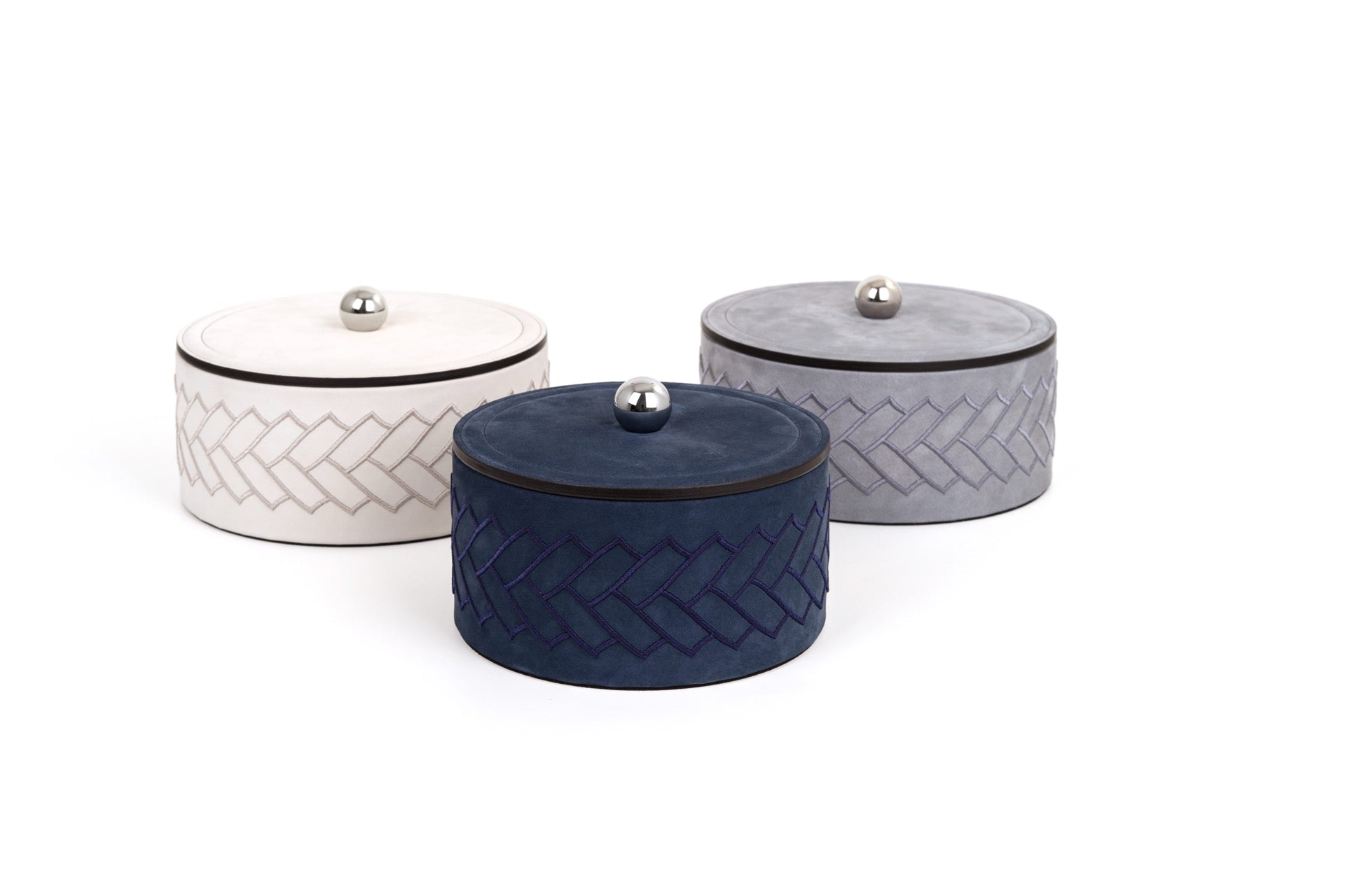 Pinetti Lily | Embroidered Leather Trinket Box: Soft leather box with tone-on-tone embroidery and metal knob lid, available in multiple sizes | Living Room / Decorative Boxes | 2Jour Concierge, your luxury lifestyle shop | luxury interiors, refined living, jewellery storage, dressing table accessories, boutique hotels, elegant home décor, yacht décor, office décor, hospitality décor