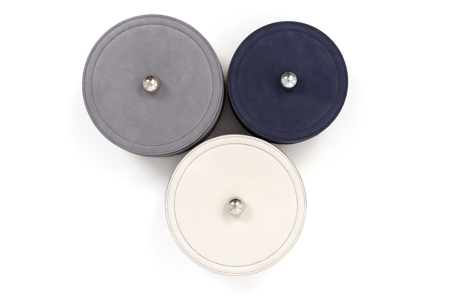 Pinetti Lily | Embroidered Leather Trinket Box: Soft leather box with tone-on-tone embroidery and metal knob lid, available in multiple sizes | Living Room / Decorative Boxes | 2Jour Concierge, your luxury lifestyle shop | luxury interiors, refined living, jewellery storage, dressing table accessories, boutique hotels, elegant home décor, yacht décor, office décor, hospitality décor