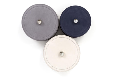 Pinetti Lily | Embroidered Leather Trinket Box: Soft leather box with tone-on-tone embroidery and metal knob lid, available in multiple sizes | Living Room / Decorative Boxes | 2Jour Concierge, your luxury lifestyle shop | luxury interiors, refined living, jewellery storage, dressing table accessories, boutique hotels, elegant home décor, yacht décor, office décor, hospitality décor