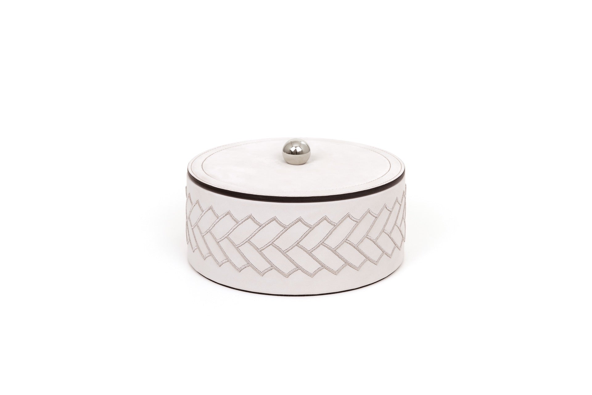 Pinetti Lily | Embroidered Leather Trinket Box: Soft leather box with tone-on-tone embroidery and metal knob lid, available in multiple sizes | Living Room / Decorative Boxes | 2Jour Concierge, your luxury lifestyle shop | luxury interiors, refined living, jewellery storage, dressing table accessories, boutique hotels, elegant home décor, yacht décor, office décor, hospitality décor
