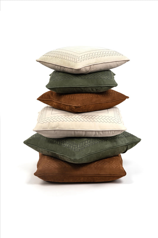 Pinetti Lily | Embroidered Nubuck Leather Pillow: Soft nubuck leather cushion with tone-on-tone embroidered detailing, available in two sizes for refined interior styling | Living Room / Cushions | 2Jour Concierge, your luxury lifestyle shop | luxury interiors, refined living, decorative cushions, sofa décor, boutique hotels, elegant home textiles, yacht décor, hospitality décor, office décor