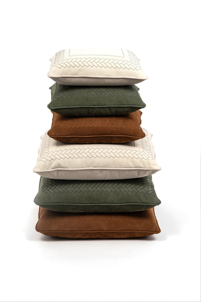 Pinetti Lily | Embroidered Nubuck Leather Pillow: Soft nubuck leather cushion with tone-on-tone embroidered detailing, available in two sizes for refined interior styling | Living Room / Cushions | 2Jour Concierge, your luxury lifestyle shop | luxury interiors, refined living, decorative cushions, sofa décor, boutique hotels, elegant home textiles, yacht décor, hospitality décor, office décor