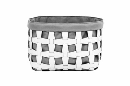 Hakenförmiger, handgewebter Korb aus regeneriertem Leder, weich, quadratisch mit Leinenfutter