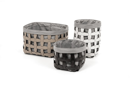 Hakenförmiger, handgewebter Korb aus regeneriertem Leder, weich, quadratisch mit Leinenfutter