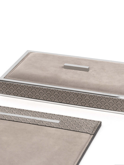 Pinetti | Larry Nubuck Big Rectangular Box: Open rectangular nubuck box with digital fan-pattern print and brass trim | Desk Accessories | 2Jour Concierge, your luxury lifestyle shop | luxury desk box, Pinetti Larry, nubuck storage box, Italian luxury desk accessories, designer desk set