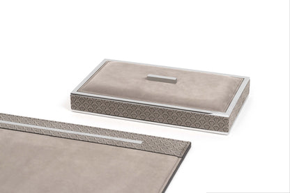 Pinetti | Larry Nubuck Big Rectangular Box: Open rectangular nubuck box with digital fan-pattern print and brass trim | Desk Accessories | 2Jour Concierge, your luxury lifestyle shop | luxury desk box, Pinetti Larry, nubuck storage box, Italian luxury desk accessories, designer desk set