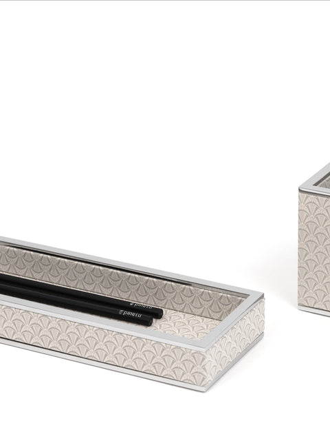 Pinetti | Larry Nubuck Square Pencil Cup: Square nubuck pencil cup with digital fan-pattern print and brass rim in chrome or shiny gold | Desk Accessories | 2Jour Concierge, your luxury lifestyle shop | luxury pencil cup, Pinetti Larry, nubuck pen holder, brass rim pencil cup, Italian luxury desk accessories, designer desk set