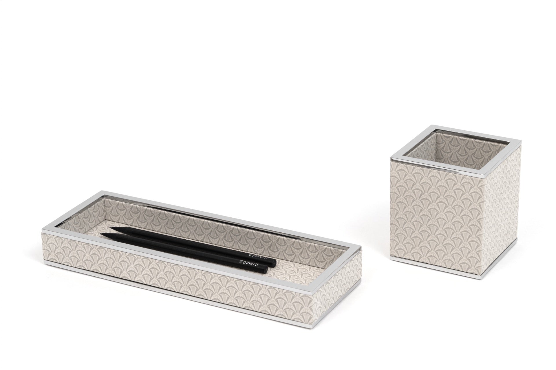 Pinetti | Larry Nubuck Square Pencil Cup: Square nubuck pencil cup with digital fan-pattern print and brass rim in chrome or shiny gold | Desk Accessories | 2Jour Concierge, your luxury lifestyle shop | luxury pencil cup, Pinetti Larry, nubuck pen holder, brass rim pencil cup, Italian luxury desk accessories, designer desk set