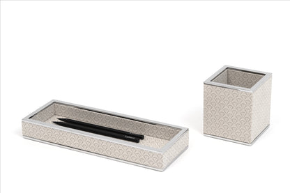 Pinetti | Larry Nubuck Square Pencil Cup: Square nubuck pencil cup with digital fan-pattern print and brass rim in chrome or shiny gold | Desk Accessories | 2Jour Concierge, your luxury lifestyle shop | luxury pencil cup, Pinetti Larry, nubuck pen holder, brass rim pencil cup, Italian luxury desk accessories, designer desk set