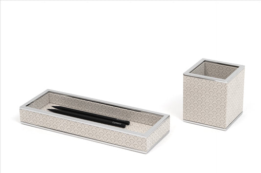 Pinetti | Larry Nubuck Square Pencil Cup: Square nubuck pencil cup with digital fan-pattern print and brass rim in chrome or shiny gold | Desk Accessories | 2Jour Concierge, your luxury lifestyle shop | luxury pencil cup, Pinetti Larry, nubuck pen holder, brass rim pencil cup, Italian luxury desk accessories, designer desk set