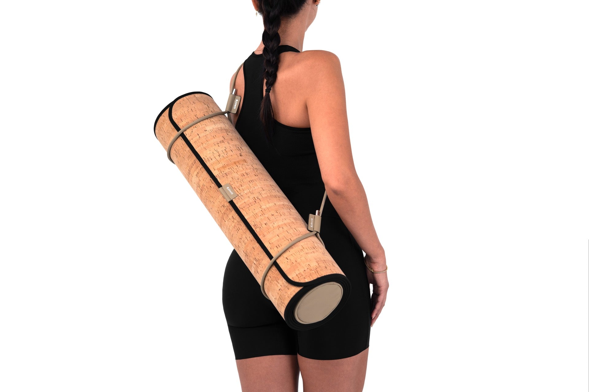 Pinetti Exercise Mat | Cork & Leather Mat: Cork top with non-slip technical backing, leather bolster sleeve, and carrying strap in chrome or shiny gold | Wellness / Fitness Accessories | 2Jour Concierge, your luxury lifestyle shop | luxury interiors, wellness décor, home gym accessories, boutique hotels, refined living, yacht décor, office décor, hospitality décor