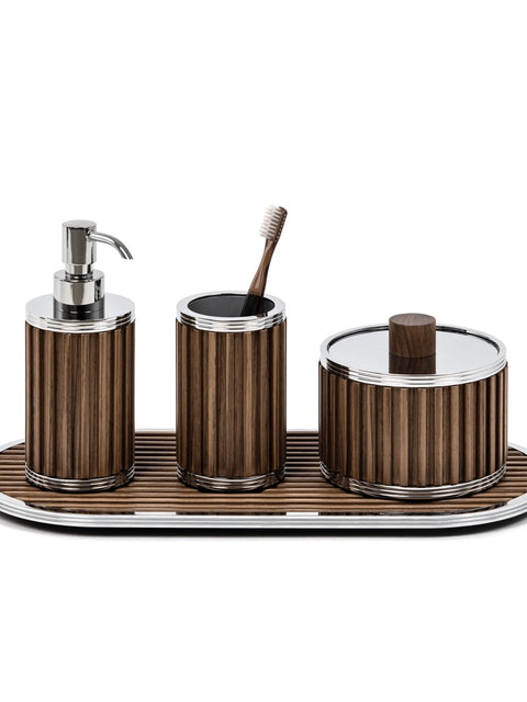 Pinetti | Woody Bathroom Set: Round bathroom accessories in wood with stainless steel or brass fittings in chrome, satin, or burnished finish — soap dispenser, toothbrush holder, boxes, bins, tray, and tissue box | The Bathroom | 2Jour Concierge, your luxury lifestyle shop | luxury bathroom set, Pinetti Woody, wood bathroom accessories, Italian bathroom collection, designer bathroom set, wood and metal bathroom