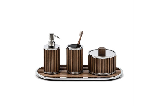 Pinetti | Woody Bathroom Set: Round bathroom accessories in wood with stainless steel or brass fittings in chrome, satin, or burnished finish — soap dispenser, toothbrush holder, boxes, bins, tray, and tissue box | The Bathroom | 2Jour Concierge, your luxury lifestyle shop | luxury bathroom set, Pinetti Woody, wood bathroom accessories, Italian bathroom collection, designer bathroom set, wood and metal bathroom